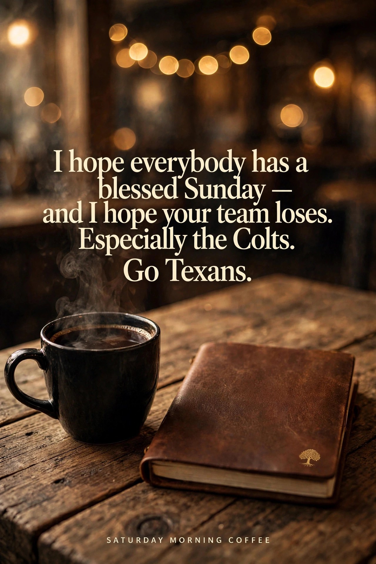 Daily quote: I hope everybody has a blessed Sunday — and I hope your team loses. Especially the Colts. Go Texans.